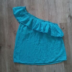 Balkan Top Women Medium Blue one shoulder ruffle cotton peasant handmade boho